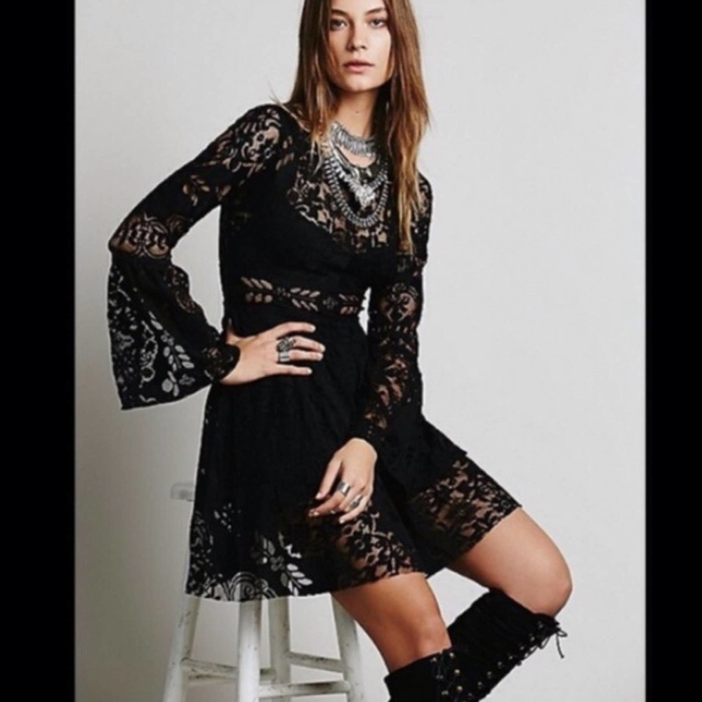 Free People Black Lace Long Sleeve Mini Dress